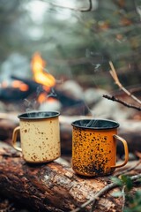 Wall Mural - Two coffee mugs on a log by the campfire