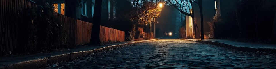Wall Mural - A rainy night street with a street light in the background. The street is empty and the rain is falling