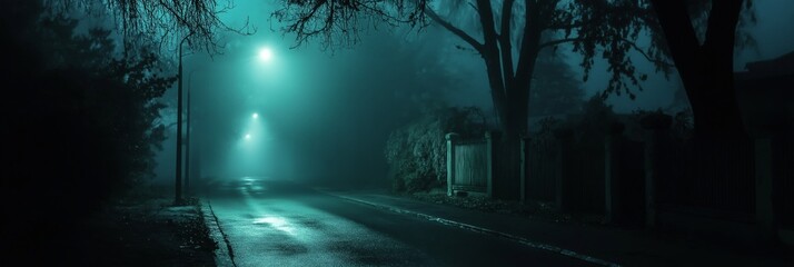Wall Mural - A street at night with a street light and a tree. The street is wet and the sky is dark