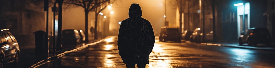 Wall Mural - A man is walking down a street in the rain. The street is empty and the man is the only person visible. The scene is dark and moody, with the rain adding to the overall atmosphere