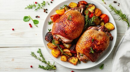 Wall Mural - Two baked duck thighs with crispy skin, spiced and served with roasted vegetables, arranged on a white wooden background. Flat lay, top view for culinary promotions.