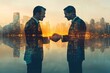 © Pixel Hues - Double exposure of Businessman shaking hands as the trust commitment which Business Partners and factors relationship marketing for reach successful achievement and meeting commit, Generative AI