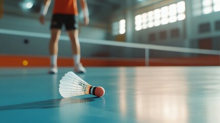 Sticker - A badminton shuttlecock lies on the court in front of a blurred player.