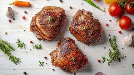 Wall Mural - Two spiced duck thighs baked to perfection, placed on a white wooden table with vegetables scattered around, captured from a top-down angle.