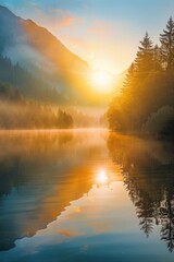 Canvas Print - A serene scene of sunset over a lake with trees in the foreground, perfect for peaceful and calming atmosphere