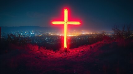 Red neon cross glowing at night, overlooking city skyline. Spirituality, urban landscape, religion, modern symbolism, city lights, faith, illuminated cross, glowing red light, night cityscape