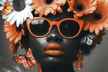 Poster - A person wearing sunglasses and holding flowers in a close-up shot