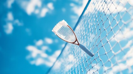 Poster - A badminton racket hanging on a net with a blue sky in the background.