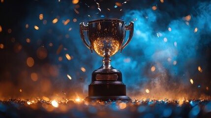 shiny silver trophy surrounded by blue and orange confetti, celebrating victory, award ceremony, com