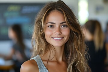 A beautiful young woman with long hair smiles warmly, radiating joy and positivity in her expression.