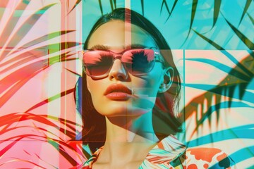 Wall Mural - A woman wears a bright floral shirt and sunglasses on a sunny day