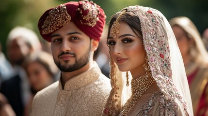 Wall Mural - A bride and groom are standing together in front of a crowd