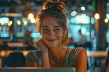 Canvas Print - A woman sits in front of a laptop computer, possibly working or browsing online