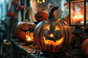 Sticker - A group of carved pumpkins sitting on a table, perfect for fall decorations or Halloween parties