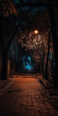 Wall Mural - A dark, empty street with a brick walkway. The street is lit by a few street lights