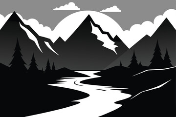 Landscape with silhouettes of mountains and Mountain river. Nature background. Vector illustration. Old style black and white mountain vector