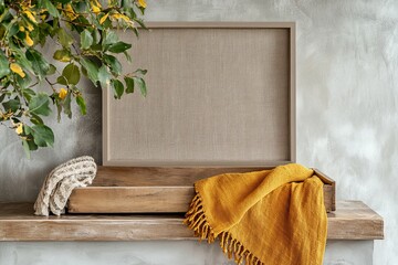 Wall Mural - An interior mock-up of a Scandinavian living room fireplace mantle with white minimalist furniture and a plant in white on the wall