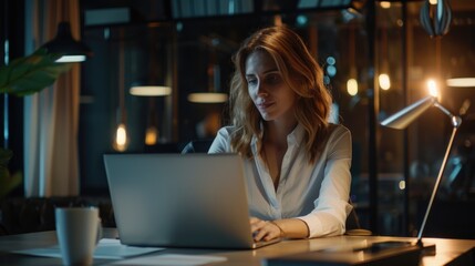 Poster - A woman sits at a desk with a laptop open, focused on her work