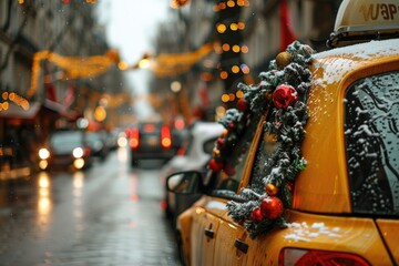 Wall Mural - Taxi cab decorated with Christmas lights and decorations on a busy city street during holiday season