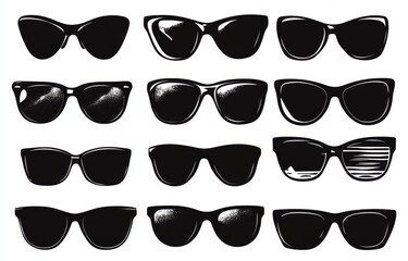 The silhouette of sun glasses. Elegant eye wear set isolated on white background. Metal plastic frames. High resolution HD illustration.