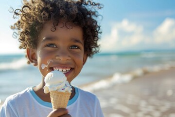 Poster - A young boy enjoying a cold treat on a sunny day at the beach