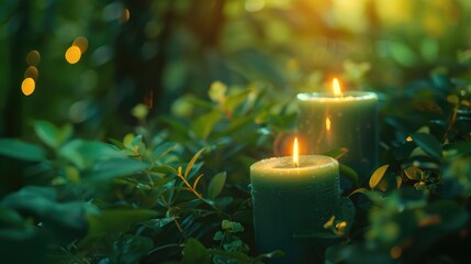 Wall Mural - A pair of candles placed on a vibrant green field