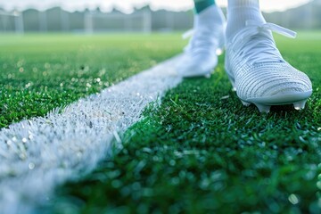 Poster - A close-up shot of a soccer player's foot on the green grass, showing cleats and ball control