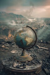 Poster - A globe sits atop a rocky outcropping, with a mountain range visible in the background