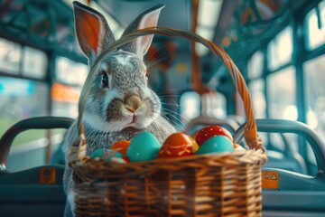 Poster - A rabbit sitting in a basket on a public transportation vehicle