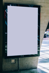 Wall Mural - Clear Billboard in public place with blank copy space screen for advertising or promotional poster content, empty mock up Lightbox for information, blank display in station area with daylight