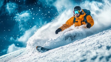 Poster - A man in a yellow jacket is skiing down a snowy slope