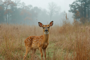 Canvas Print - A fawn standing in a field of tall grass