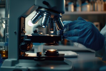 Canvas Print - A scientist in a lab coat examines a microscopic specimen under a microscope, focusing on the details of the tiny world