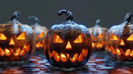 Canvas Print - Group of jack-o'-lanterns sitting on a colorful tablecloth, perfect for Halloween or fall-themed decor