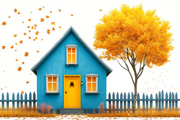 A blue house with a yellow door and a tree in front of it