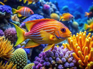 Orange fish with yellow fins and purple stripes flutter through turbulent coral reef waters, surrounded by a kaleidoscope of marine life in the vast blue ocean.