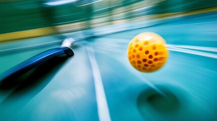 Wall Mural - A yellow ball with dimples is in mid-flight during a floor hockey game.