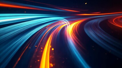 Wall Mural - Abstract light trails in blue and orange curve around a dark background