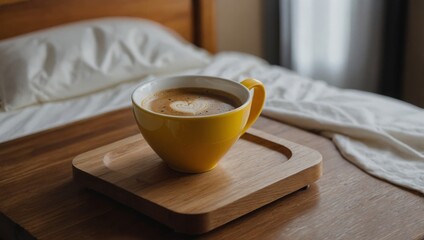 yellow cup of coffee in bed with love