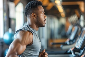 Canvas Print - Mixed race men running adult gym determination.