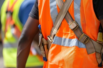 Construction worker wearing orange safety vest and harness on site