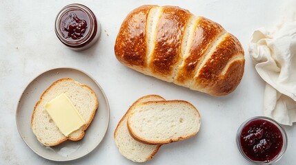 Japanese Milk Bread: A simple yet elegant scene of whole Japanese milk bread loaf and slices on a white background, with butter spread across a slice and a small jam jar beside it