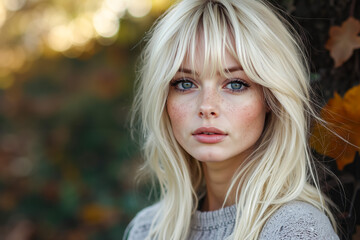 Canvas Print - A woman with long blonde hair and blue eyes in a gray sweater