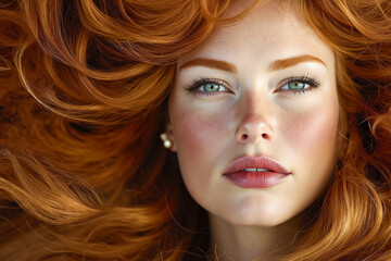 Poster - A woman with long red hair and blue eyes laying down