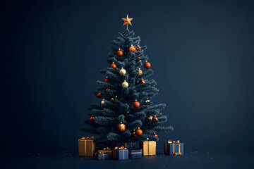 Wall Mural - christmas tree with decoration in the navy blue background. 
