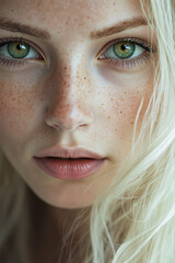 Wall Mural - A close up of a woman with freckles on her face