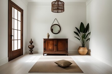 Wall Mural - Tranquil Meditation Room with Crisp White Walls, Vintage Wood Cabinet, and Serene Design