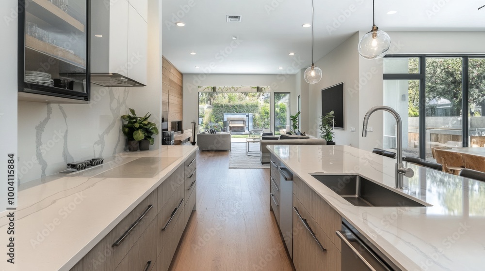 Modern kitchen with white quartz countertops and stainless steel ...