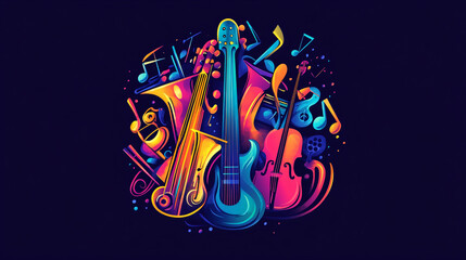 A vibrant logo for a music festival, showcasing instruments and fun elements.