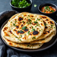 Naan bread with a golden, crispy finish, studio lighting bringing out its fluffy texture and charred edges, ready to be served.